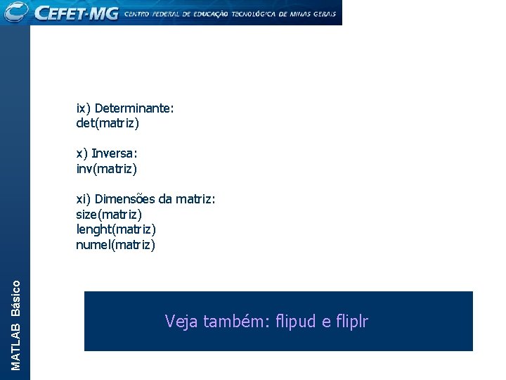 MATLAB Básico ix) Determinante: det(matriz) x) Inversa: inv(matriz) xi) Dimensões da matriz: size(matriz) lenght(matriz)