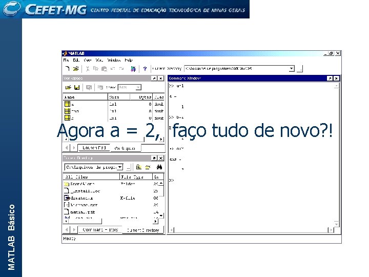 MATLAB Básico Agora a = 2, faço tudo de novo? ! 