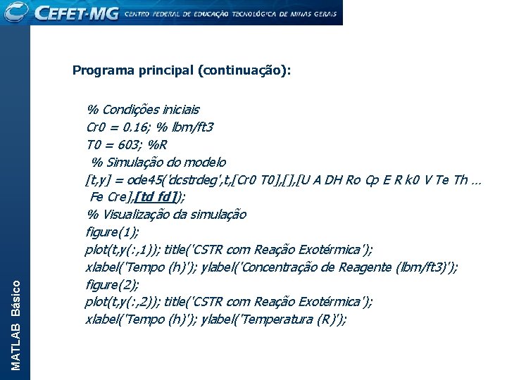 MATLAB Básico Programa principal (continuação): % Condições iniciais Cr 0 = 0. 16; %