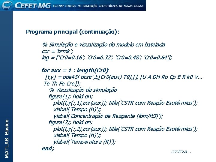 Programa principal (continuação): MATLAB Básico % Simulação e visualização do modelo em batelada cor