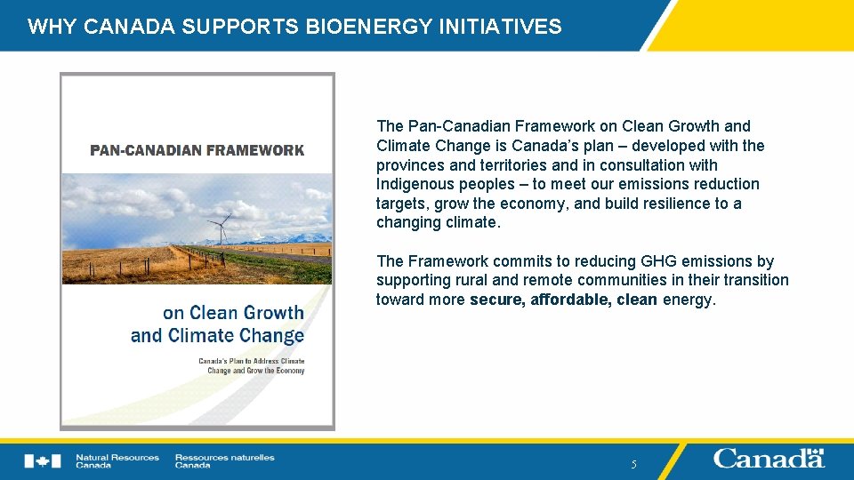 WHY CANADA SUPPORTS BIOENERGY INITIATIVES The Pan-Canadian Framework on Clean Growth and Climate Change