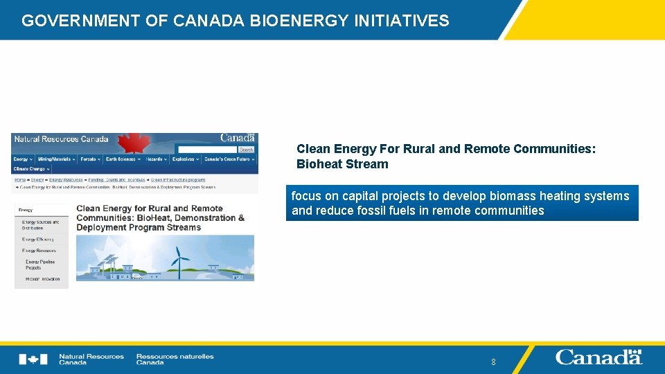 GOVERNMENT OF CANADA BIOENERGY INITIATIVES Clean Energy For Rural and Remote Communities: Bioheat Stream