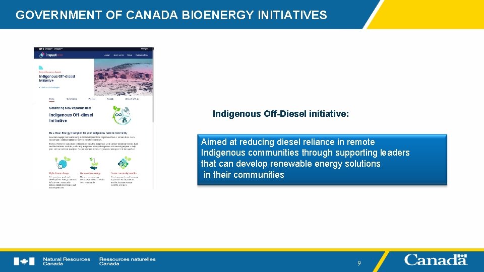 GOVERNMENT OF CANADA BIOENERGY INITIATIVES Indigenous Off-Diesel initiative: Aimed at reducing diesel reliance in