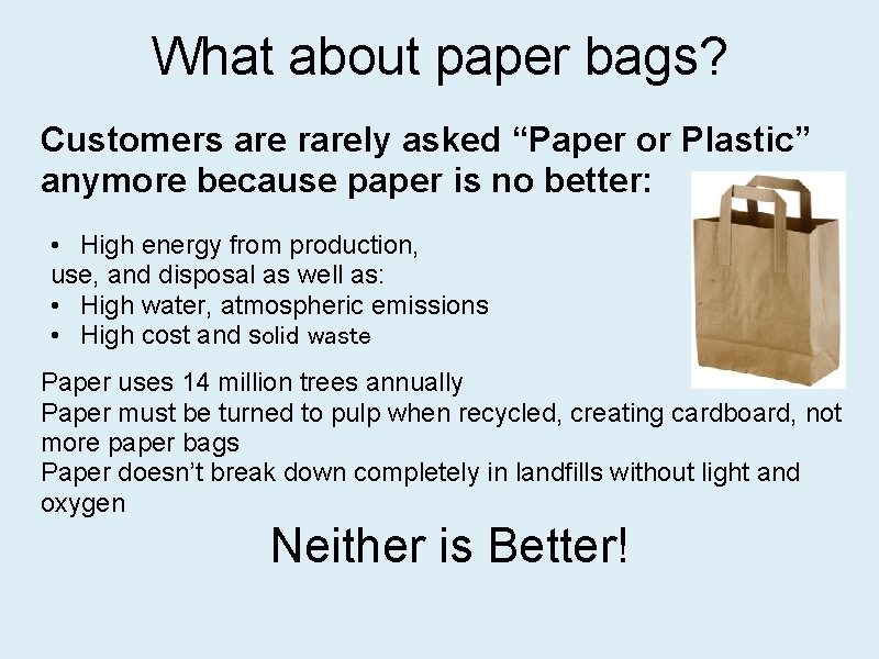 What about paper bags? Customers are rarely asked “Paper or Plastic” anymore because paper