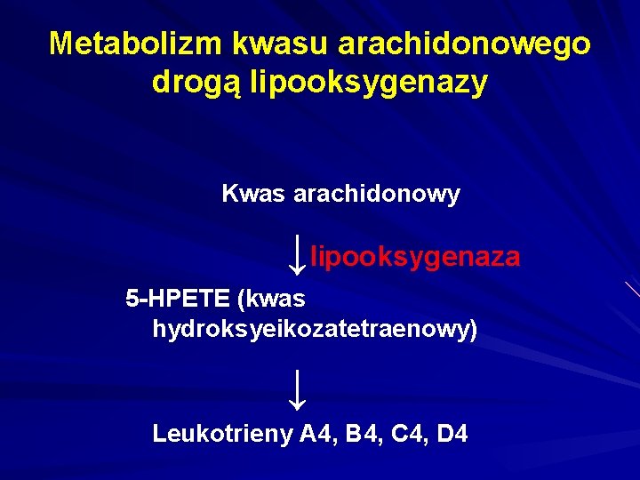 Metabolizm kwasu arachidonowego drogą lipooksygenazy Kwas arachidonowy ↓lipooksygenaza 5 -HPETE (kwas hydroksyeikozatetraenowy) ↓ Leukotrieny