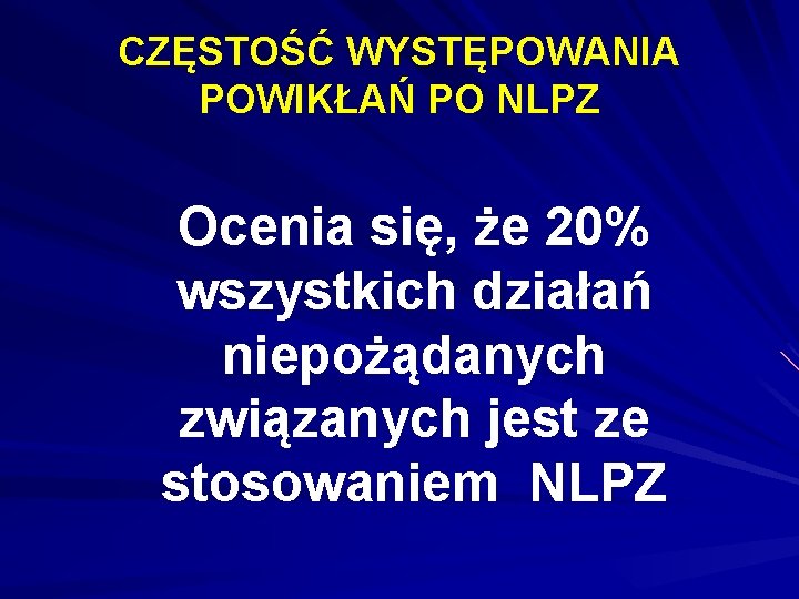 CZĘSTOŚĆ WYSTĘPOWANIA POWIKŁAŃ PO NLPZ Ocenia się, że 20% wszystkich działań niepożądanych związanych jest