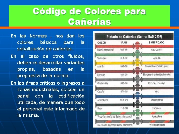 Código de Colores para Cañerías En las Normas , nos dan los colores básicos