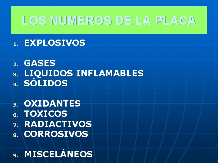 LOS NUMEROS DE LA PLACA 1. 2. 3. 4. EXPLOSIVOS GASES LIQUIDOS INFLAMABLES SÓLIDOS