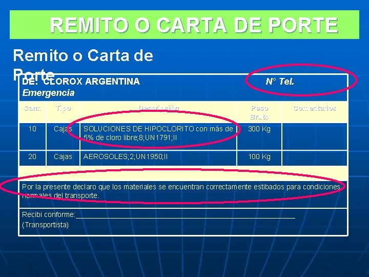 REMITO O CARTA DE PORTE Remito o Carta de Porte DE: CLOROX ARGENTINA N°