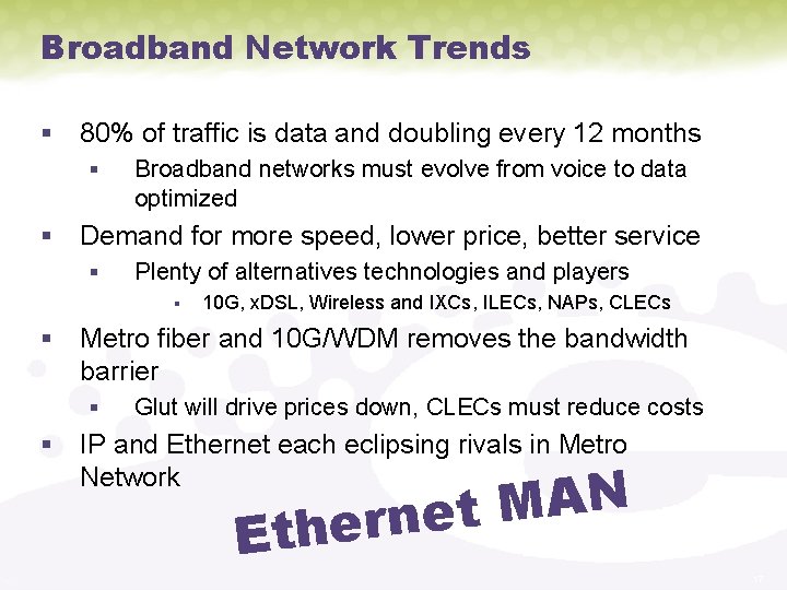 Broadband Network Trends § 80% of traffic is data and doubling every 12 months