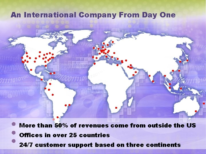 An International Company From Day One More than 50% of revenues come from outside