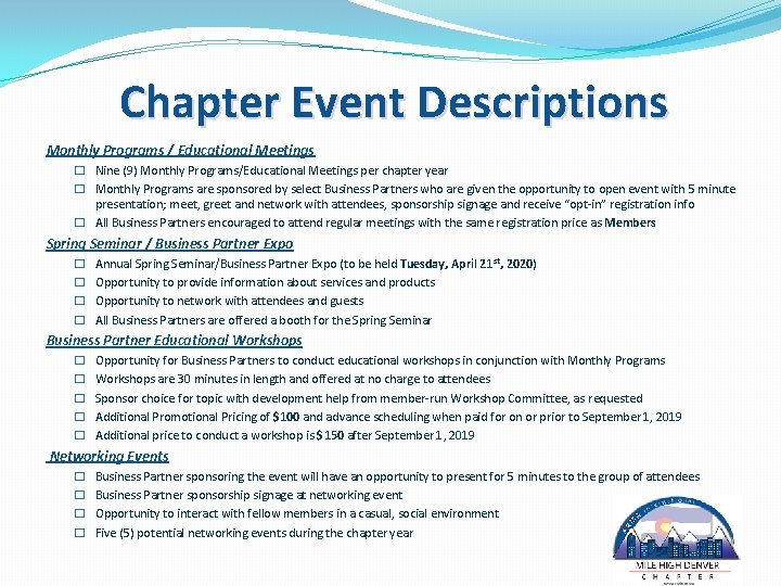 Chapter Event Descriptions Monthly Programs / Educational Meetings � Nine (9) Monthly Programs/Educational Meetings