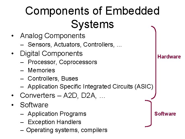 Components of Embedded Systems • Analog Components – Sensors, Actuators, Controllers, … • Digital