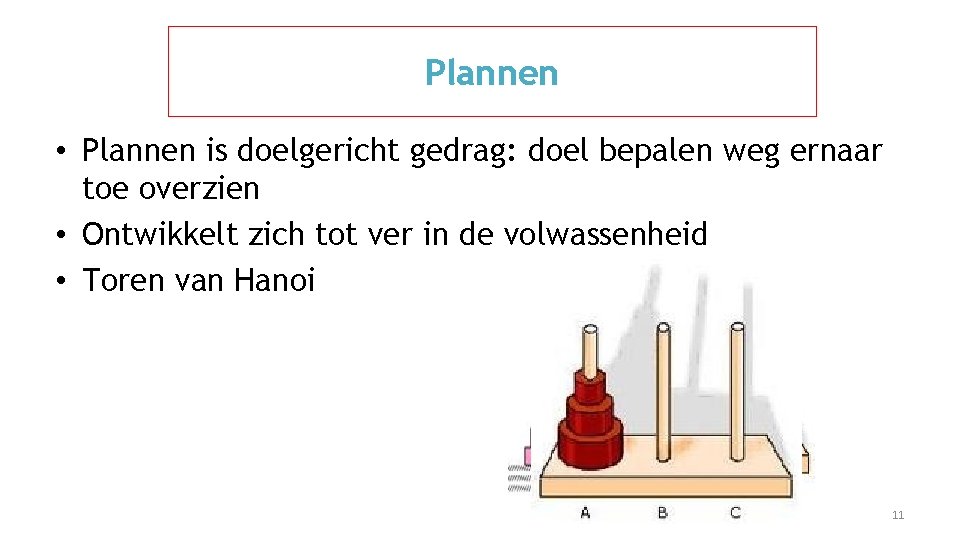 Plannen • Plannen is doelgericht gedrag: doel bepalen weg ernaar toe overzien • Ontwikkelt