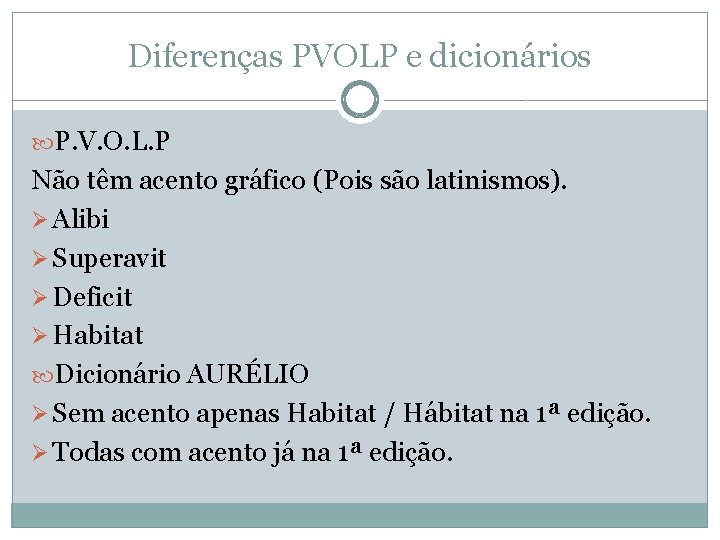 Diferenças PVOLP e dicionários P. V. O. L. P Não têm acento gráfico (Pois
