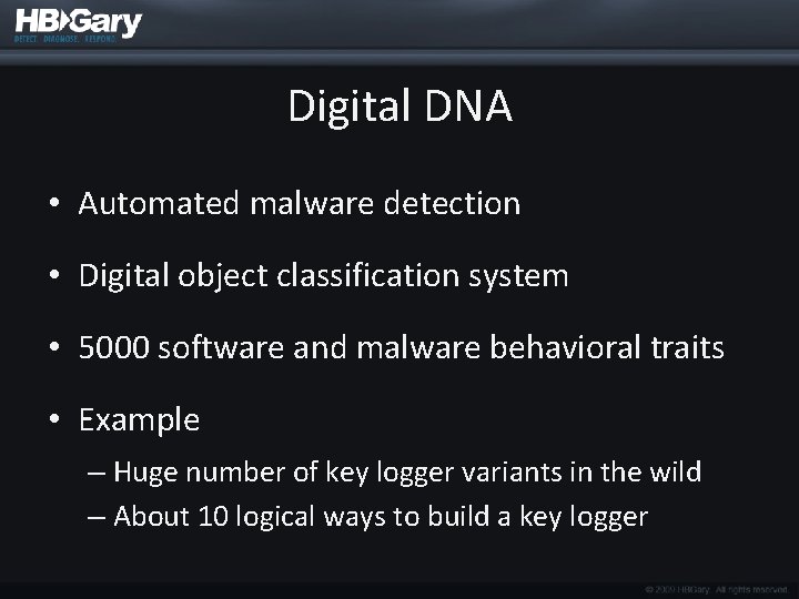 Digital DNA • Automated malware detection • Digital object classification system • 5000 software