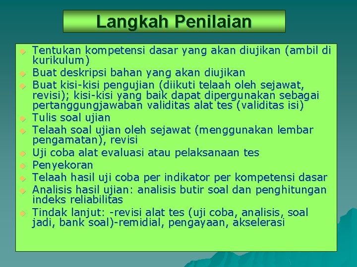 Langkah Penilaian u u u u u Tentukan kompetensi dasar yang akan diujikan (ambil