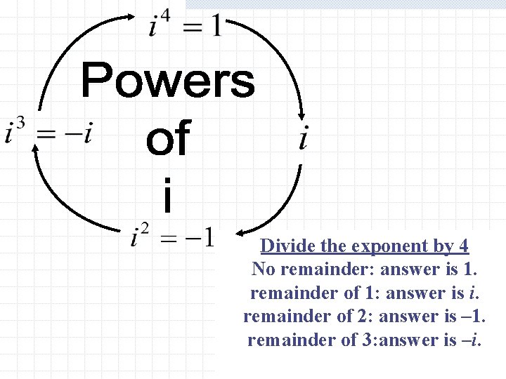 Divide the exponent by 4 No remainder: answer is 1. remainder of 1: answer