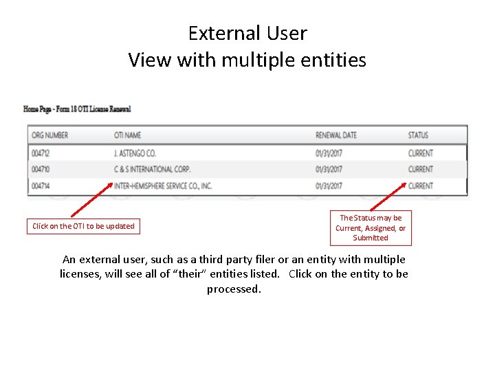 External User View with multiple entities Click on the OTI to be updated The