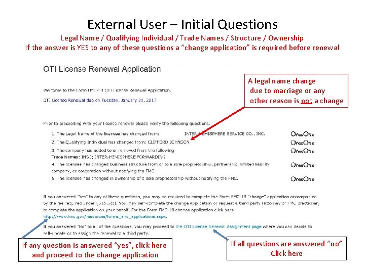 External User – Initial Questions Legal Name / Qualifying Individual / Trade Names /