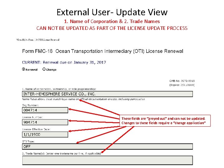 External User- Update View 1. Name of Corporation & 2. Trade Names CAN NOT