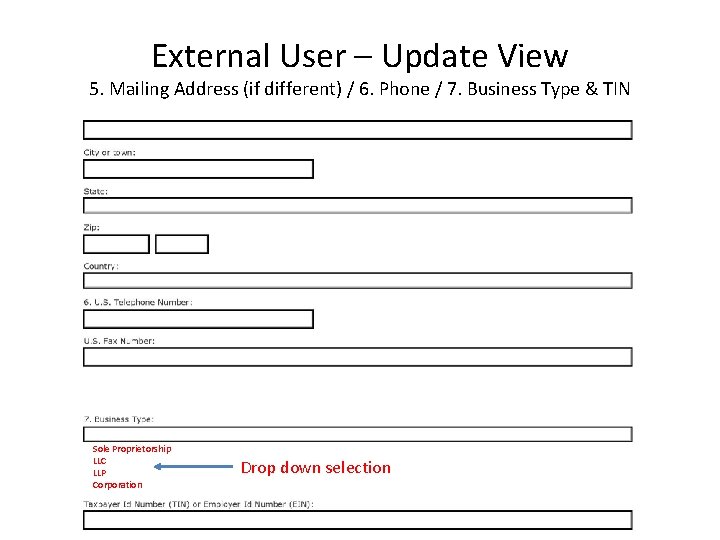 External User – Update View 5. Mailing Address (if different) / 6. Phone /