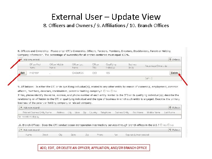 External User – Update View 8. Officers and Owners / 9. Affiliations / 10.
