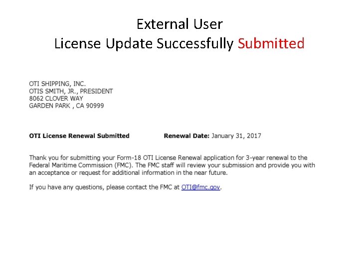 External User License Update Successfully Submitted 