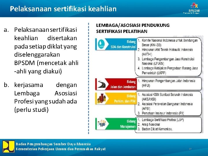 Pelaksanaan sertifikasi keahlian a. Pelaksanaan sertifikasi keahlian disertakan pada setiap diklat yang diselenggarakan BPSDM