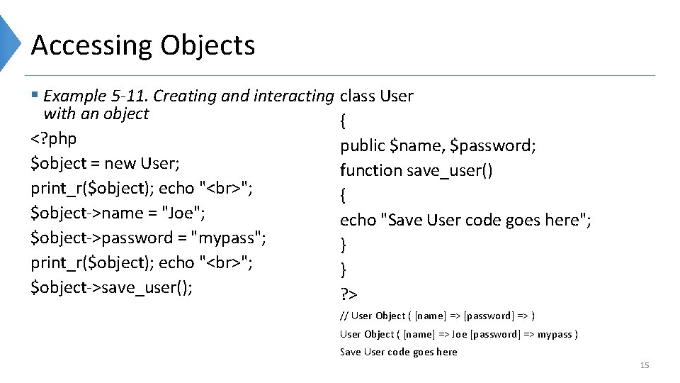 Accessing Objects § Example 5 -11. Creating and interacting class User with an object