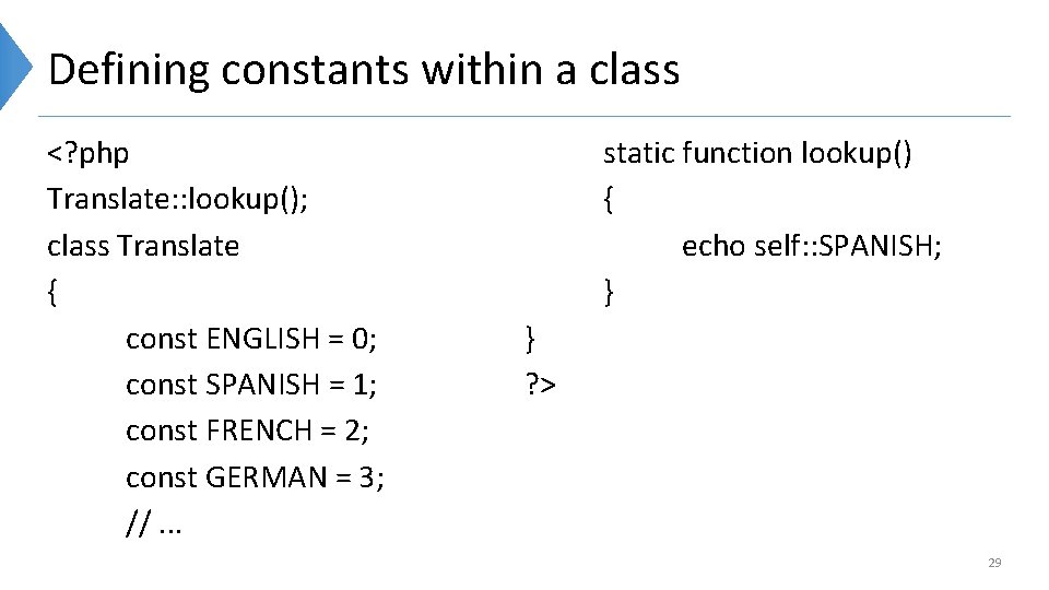 Defining constants within a class <? php Translate: : lookup(); class Translate { const