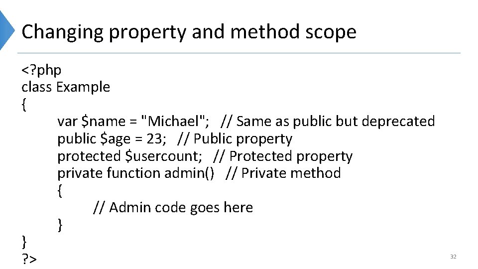 Changing property and method scope <? php class Example { var $name = "Michael";