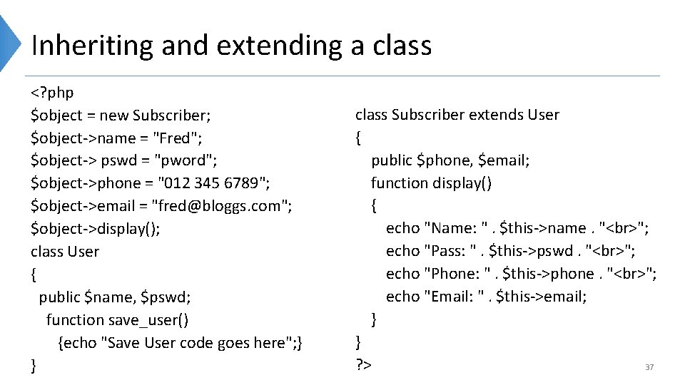 Inheriting and extending a class <? php $object = new Subscriber; $object->name = "Fred";
