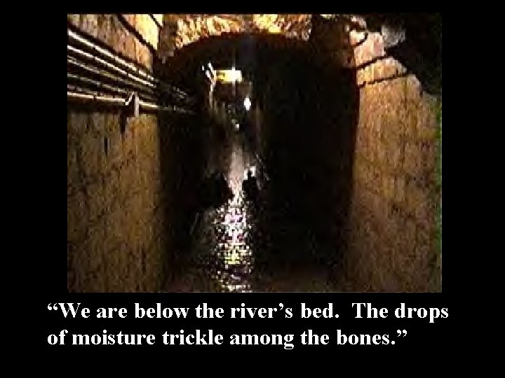 “We are below the river’s bed. The drops of moisture trickle among the bones.