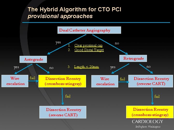 The Hybrid Algorithm for CTO PCI provisional approaches Dual Catheter Angiography yes no 1.