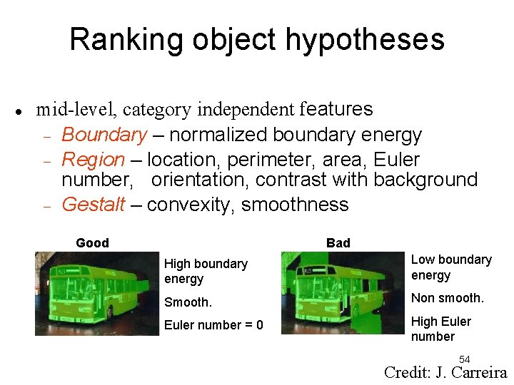 Ranking object hypotheses mid-level, category independent features Boundary – normalized boundary energy Region –