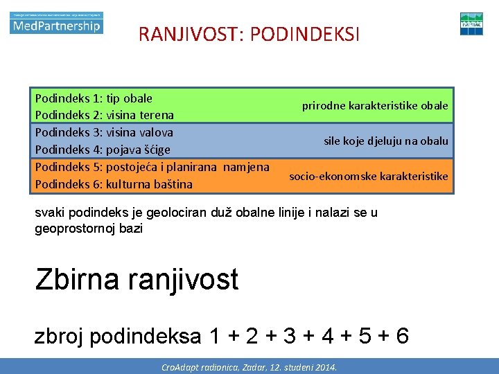 RANJIVOST: PODINDEKSI Podindeks 1: tip obale Podindeks 2: visina terena Podindeks 3: visina valova