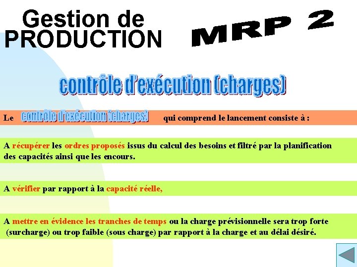 Gestion de PRODUCTION Le qui comprend le lancement consiste à : A récupérer les