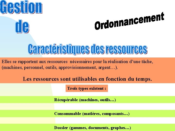 Elles se rapportent aux ressources nécessaires pour la réalisation d’une tâche, (machines, personnel, outils,