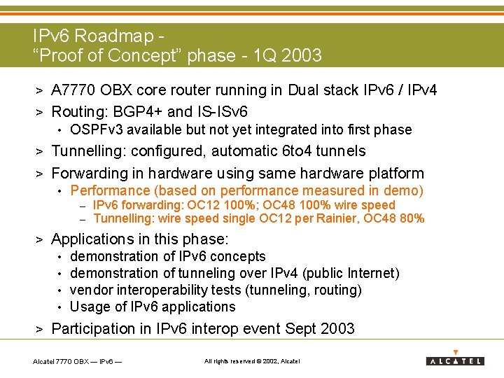 IPv 6 Roadmap “Proof of Concept” phase - 1 Q 2003 A 7770 OBX