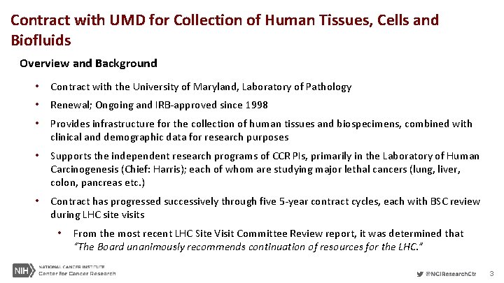 Contract with UMD for Collection of Human Tissues, Cells and Biofluids Overview and Background