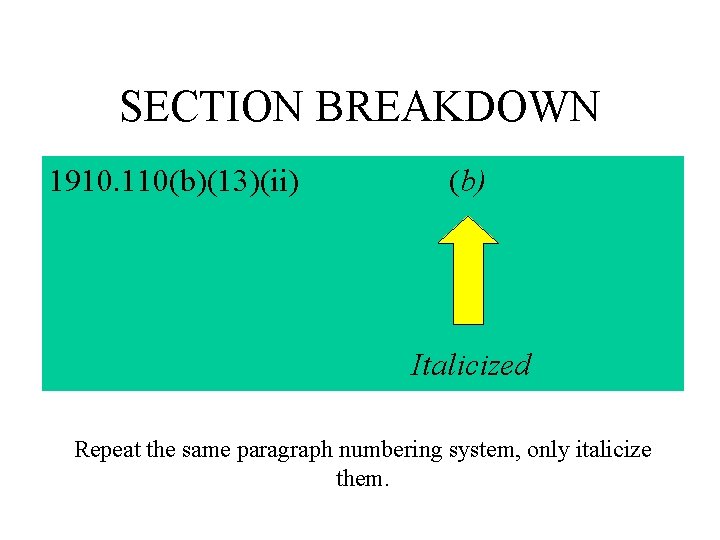 SECTION BREAKDOWN 1910. 110(b)(13)(ii) (b) Italicized Repeat the same paragraph numbering system, only italicize