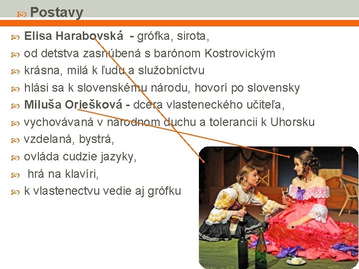  Postavy Elisa Harabovská - grófka, sirota, od detstva zasnúbená s barónom Kostrovickým krásna,