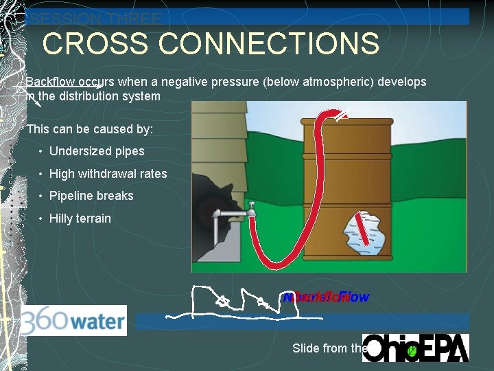 SESSION THREE CROSS CONNECTIONS Backflow occurs when a negative pressure (below atmospheric) develops in