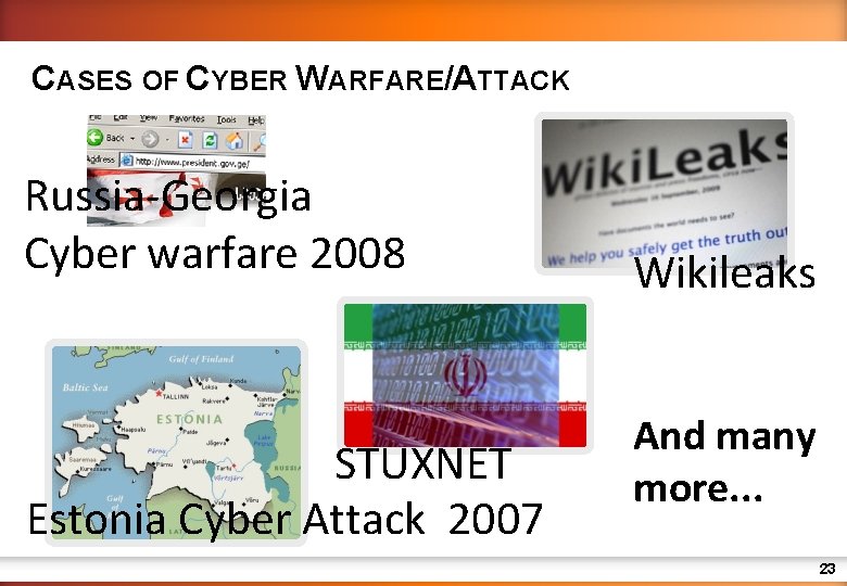 CASES OF CYBER WARFARE/ATTACK Russia-Georgia Cyber warfare 2008 STUXNET Estonia Cyber Attack 2007 Wikileaks