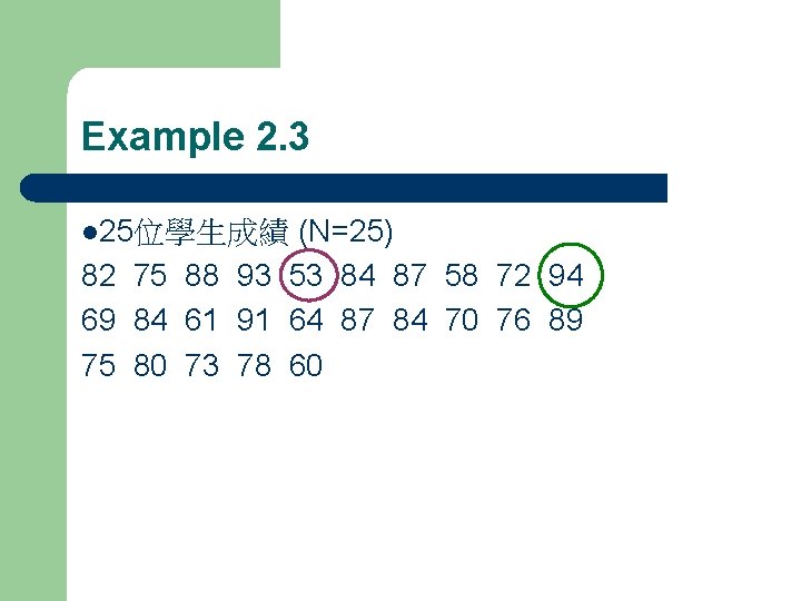 Example 2. 3 l 25位學生成績 (N=25) 82 75 88 93 53 84 87 58