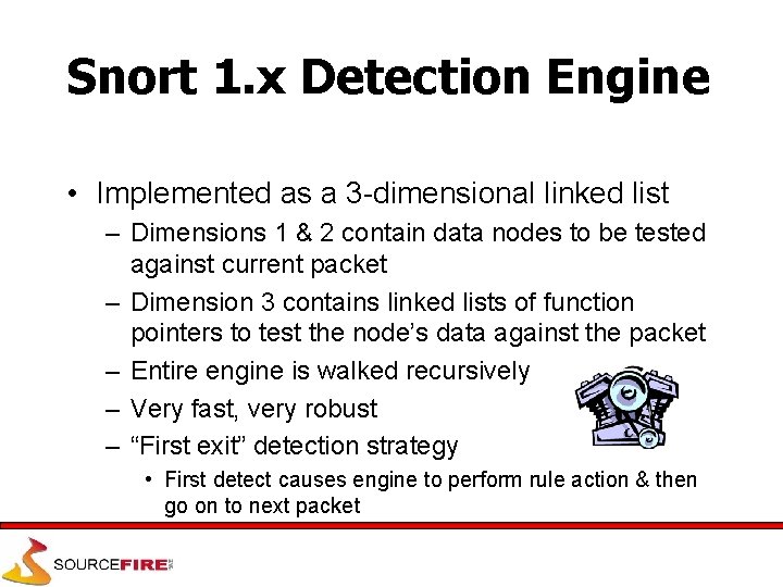 Snort 1. x Detection Engine • Implemented as a 3 -dimensional linked list –