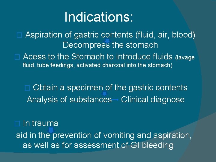 Indications: Aspiration of gastric contents (fluid, air, blood) Decompress the stomach � Acess to
