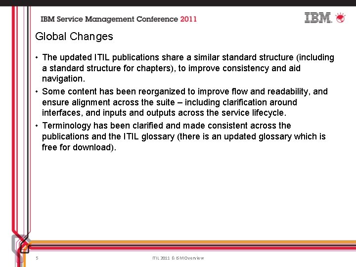 Global Changes • The updated ITIL publications share a similar standard structure (including a