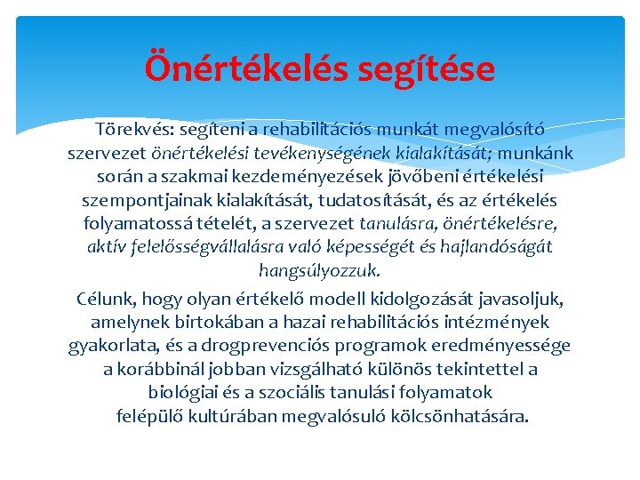 Önértékelés segítése Törekvés: segíteni a rehabilitációs munkát megvalósító szervezet önértékelési tevékenységének kialakítását; munkánk során